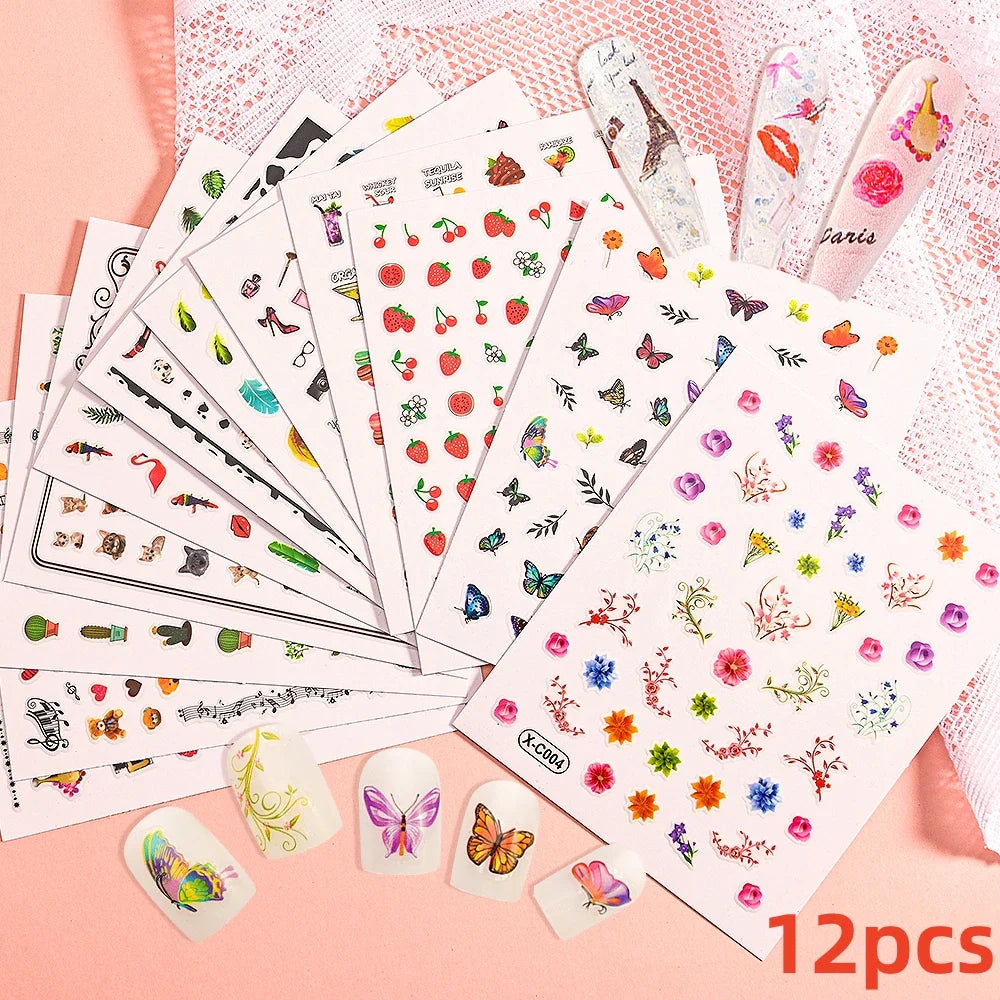 12Pcs 3D Golden Red Glitter Heart Love Nail Sticker Valentine Self Adhesive Cartoon Decal Geometry Lines Stripe Slider Manicure* (ONLINE ORDER ONLY)