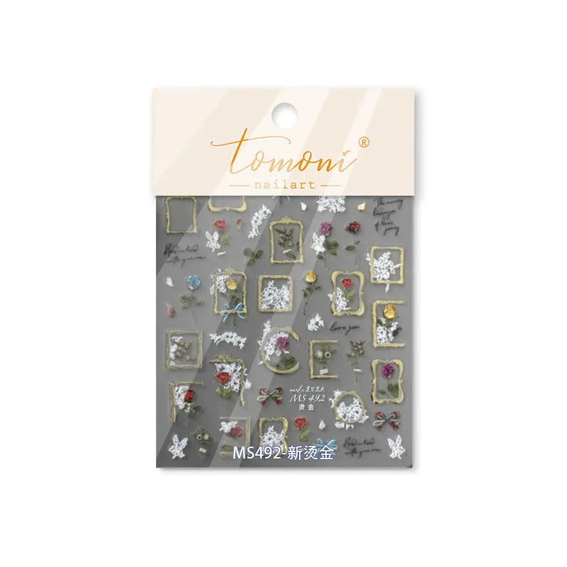 Retro Rose Gold Photo Frame Dried Flower Delicate Totem 3D Self Adhesive Nail Art Stickers 5D Shiny Rhinestone Manicure Decals (ONLINE ORDER ONLY)