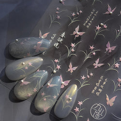 Vigorous Pink Orchid Cymbidium Antique Fragrant Thoroughwort Grass Butterfly Adhesive Nail Art Sticker Plant 3D Manicure Decals (ONLINE ORDER ONLY)