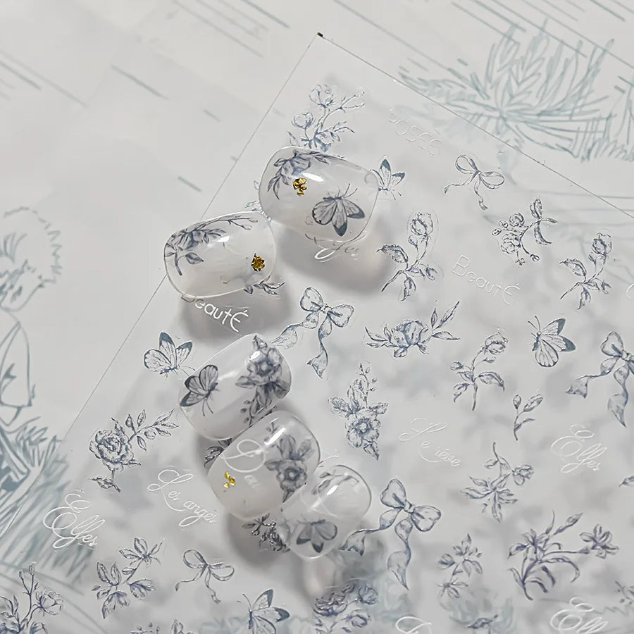 Brown Blue White Hand Drawn Sketch Plants Leaves Bowknot Butterfly Flowers Adhesive Nail Art Decoration Stickers Manicure Decals (Online Order Only)
