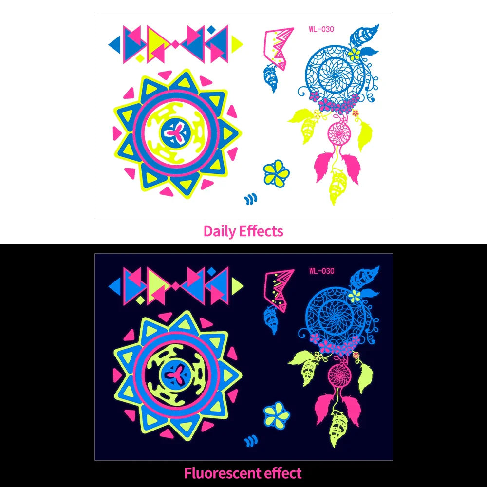 1pc Bohemia Fluorescent Sticker Luminous Temporary Tattoos Stickers UV Glow Fluorescent Tattoo Waterproof For Body Art Decals *& (Online Order Only)