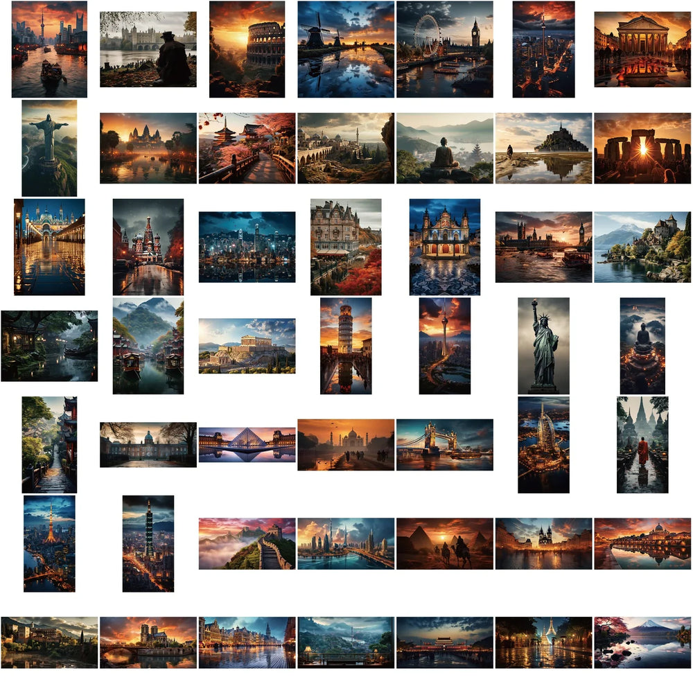 50pcs Cartoon Aesthetic World City Landmarks Stickers Vintage Travel Landmark Scenery Decals Graffiti DIY Suitcase Sticker (ONLINE ORDER ONLY)