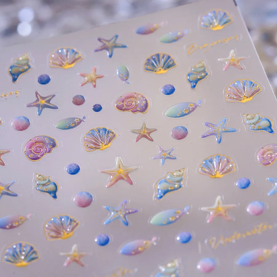 Conch Starfish Shell Beach Fish Star Ocean Colorful Water Bubbles Summer Delicate Self Adhesive Nail Art Stickers Manicure Decal (ONLINE ORDER ONLY)