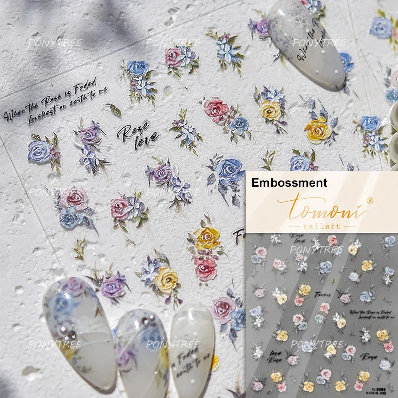 Watercolor Style Rose Flower Colored Rosa Chinensis 3D 5D Flat Reliefs Charming Self Adhesive Nail Art Stickers Manicure Decals (ONLINE ORDER ONLY)