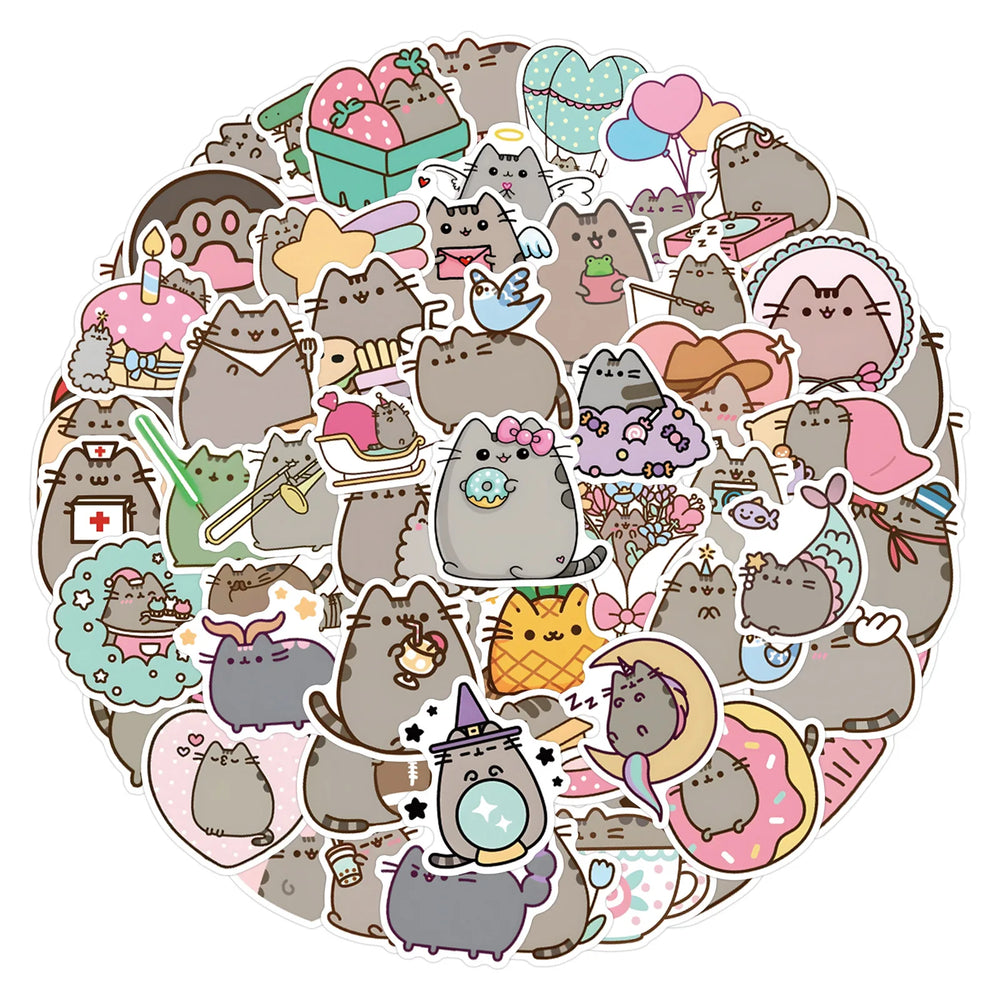 10/30/55/110PCS Cute Pusheen Stickers Cartoon Cat Decals Kawaii Animation Sticker Laptop Phone Guitar Bike Skateboard Kids Toys (Online Order Only)