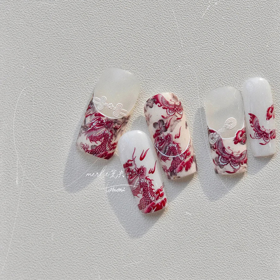 Retro Embroidered Dragon Red Pink Blue White Porcelain Chinese 3D Embossed Relief Self Adhesive Nail Art Stickers Manicure Decal (ONLINE ORDER ONLY)