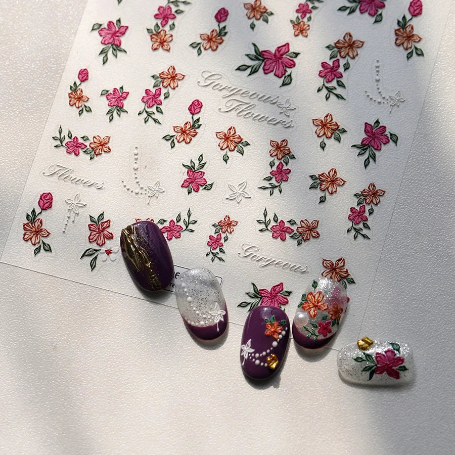 Bloomy Water Side Flower Delicate and Charming Peach Blossom Rose Garden Adhesive Nail Art Decorations Sticker Manicure Decals (ONLINE ORDER ONLY)