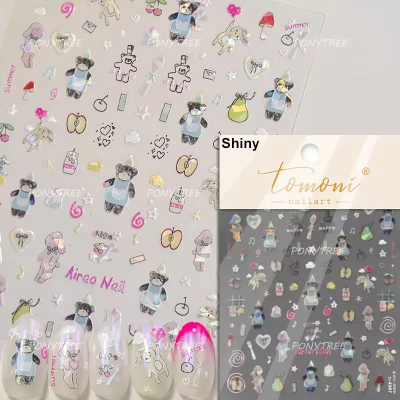Cute Lucky Bear Apple Core Star Bowknot Flower Delicious Cookies Cherry Cake Dessert Milk Vase Adhesive Nail Art Stickers Decals (ONLINE ORDER ONLY)