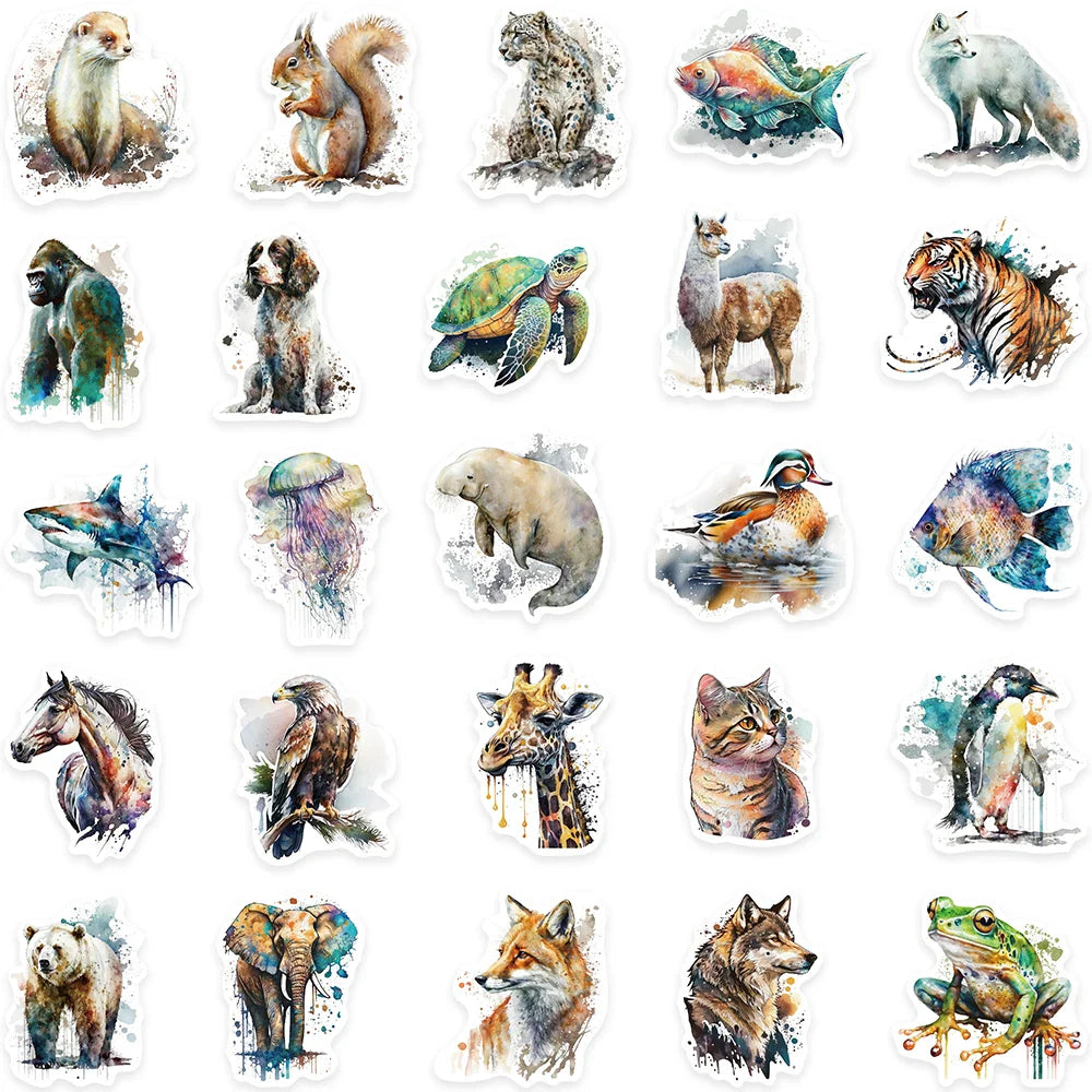 50pcs Aesthetic Watercolor Painting Animals Stickers For Laptop Water Bottle Luggage Guitar Waterproof Graffiti Vinyl Decals (ONLINE ORDER ONLY)