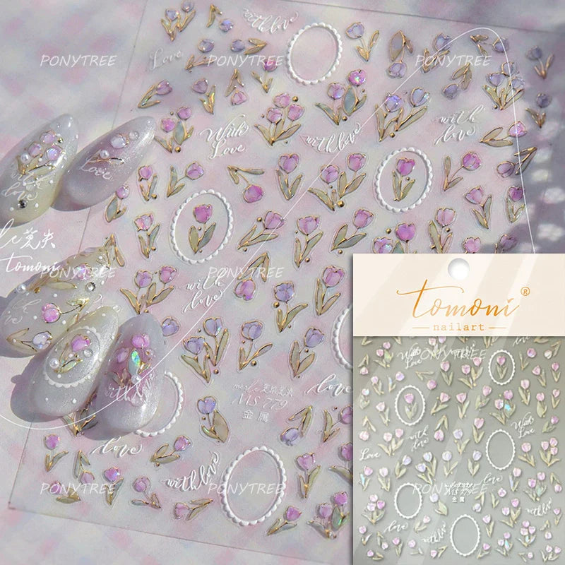 Cute  Pink Blue Nature Tulip Star Heart Butterfly Peach Blossom Jelly Embossed Relief Adhesive Nail Art Stickers Manicure Decals (ONLINE ORDER ONLY)