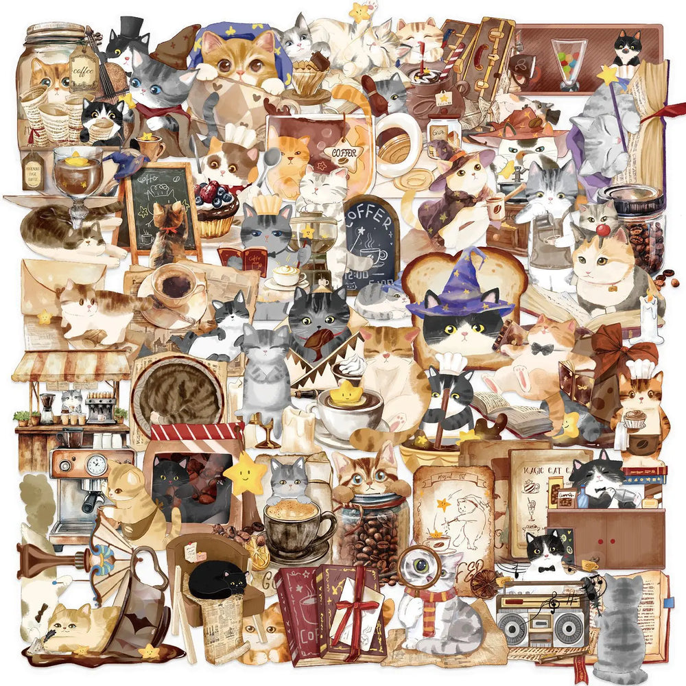 10/30/50PCS Cartoon Magic Stickers Cat Coffee Transparent Sticker DIY Toy Scrapbook Luggage Laptop Guitar Bike Graffiti Decals (ONLINE ORDER ONLY)