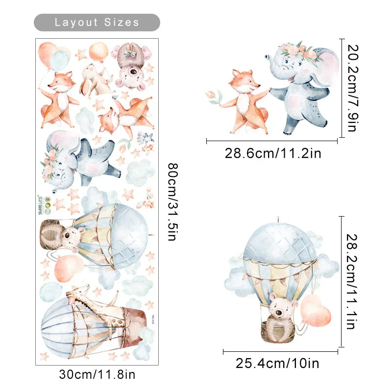 Cartoon Elephant Fox Bear Hot Air Balloon Nursery Wall Decals Removable Vinyl Watercolor Kids Room Decor (Online Order Only)