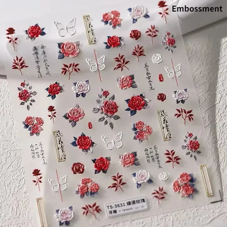 Hummingbird Iris Butterfly Peony Rose Tulip Daisy Lily Flowers Morning Glory Pearl Rhinestones Nail Art Sticker Decoration Decal (ONLINE ORDER ONLY)