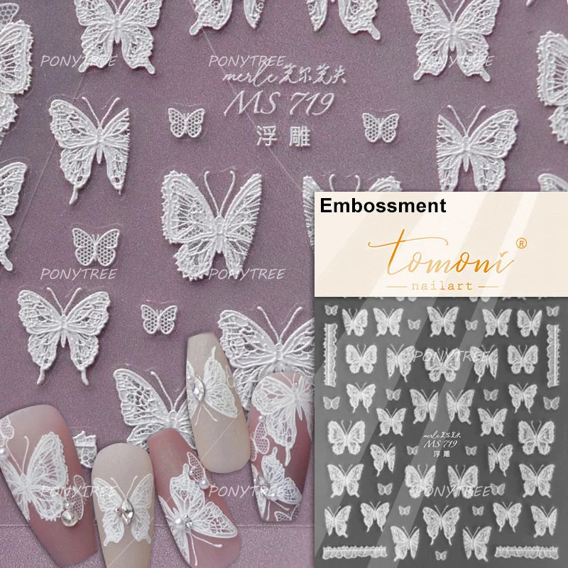 Butterfly Flower Hollow Out Lace Delicate Floral Print Shiny Cloth Block Insect Self Adhesive Nail Art Stickers Manicure Decals (Online Order Only)