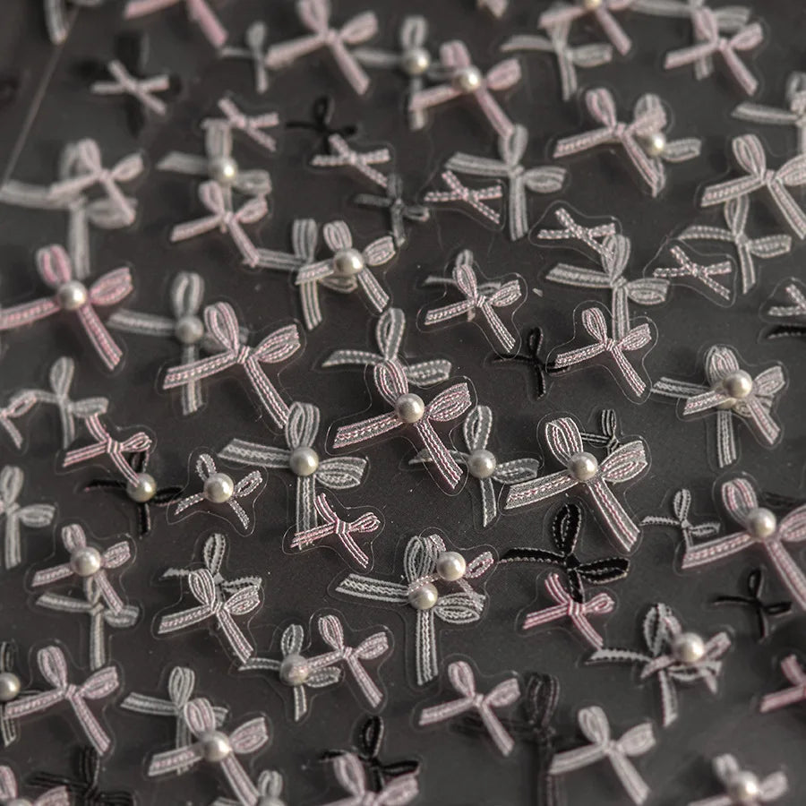 Chic Shiny Lace Pink Black White Bowknot Pearl Rhinestones Charming 3D Self Adhesive Nail Art Decoration Sticker Manicure Decals (Online Order Only)