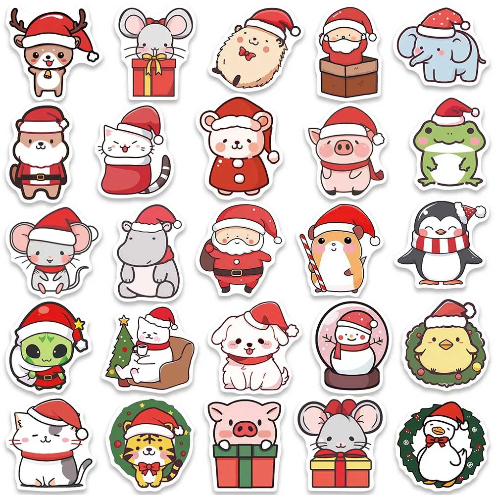 50pcs Cute Cartoon Merry Christmas Animals Stickers For Laptop Water Bottle Luggage Guitar Waterproof Graffiti Vinyl Decals (ONLINE ORDER ONLY)