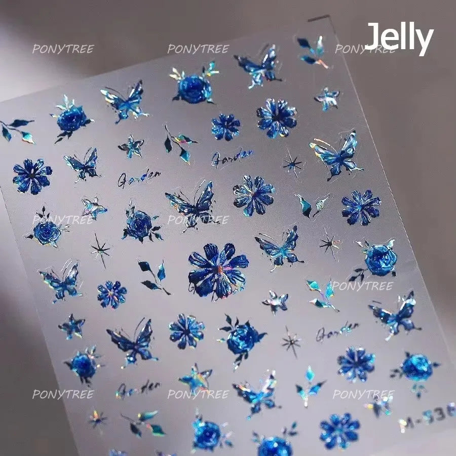 Green Blue Glass Butterfly Lily Flowers Star Line Water Droplet Charming Shiny Self Adhesive Nail Art Stickers Manicure Decals (ONLINE ORDER ONLY)