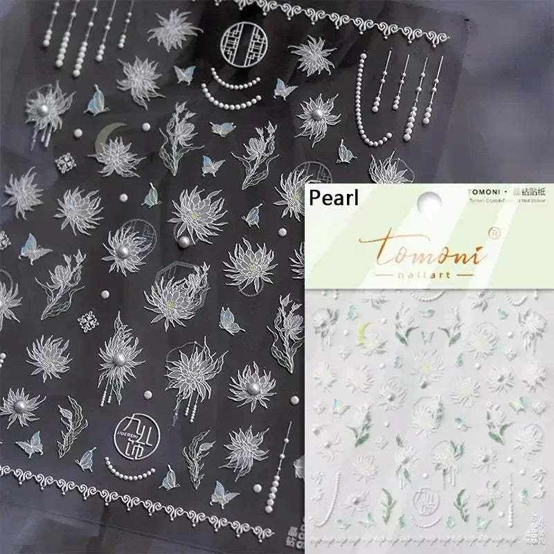 Gradient Coloredful Flower Petal Green Leaf Dreamy Shiny Chinese Rose Fantasy Relief Adhesive Nail Art Stickers Manicure Decals (Online Order Only)