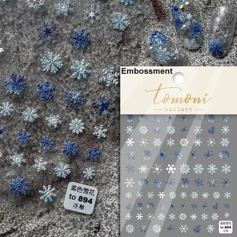 Hot Stamping Romantic White Gold Snowflakes Hexagon Winter 3D Self Adhesive Nail Art Stickers Shiny Rhinestone Manicure Decals (Online Order Only)