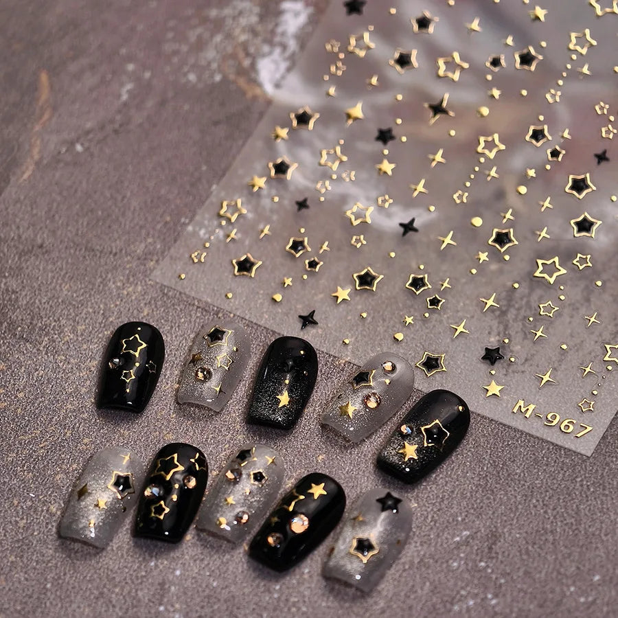 Hollow Out Black Gold Star Starburst Round Dot Night-time Tiny Spot Self Adhesive Nail Art Stickers Manicure Decals Wholesale (ONLINE ORDER ONLY)