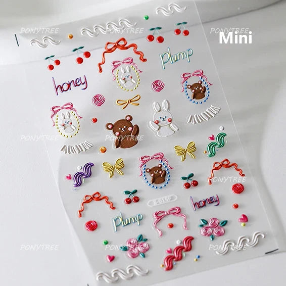 Doodle Pink Blue Ribbon Bowknot Flower Cherry Strawberry Graffiti Love Heart Delicate Embossed Nail Art Sticker Manicure Decals (ONLINE ORDER ONLY)