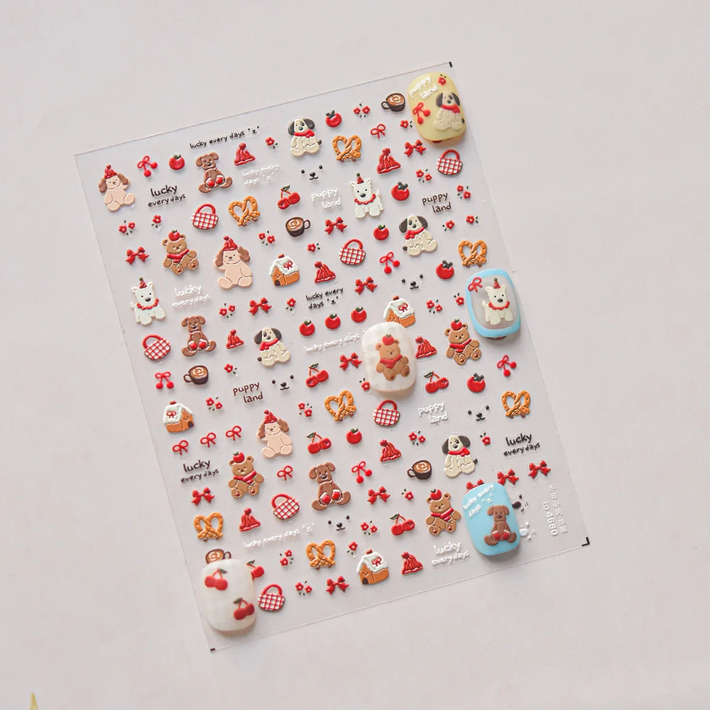 Cute Bowknot Dog Puppy Bear Strawberry Cake Fruit Juice Coffee Desserts Corgi Cherry Adhesive Nail Art Stickers Manicure Decals (ONLINE ORDER ONLY)