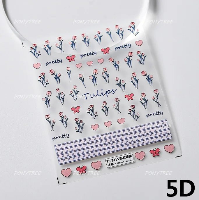 Cute  Pink Blue Nature Tulip Star Heart Butterfly Peach Blossom Jelly Embossed Relief Adhesive Nail Art Stickers Manicure Decals (ONLINE ORDER ONLY)