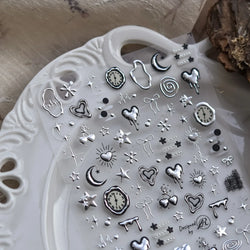 Silver Star Moon Clock Watch Cherry Love Heart Bowknot Gird Irregular Lines Dot Liquid Lava Nail Art Stickers Manicure Decals (ONLINE ORDER ONLY)