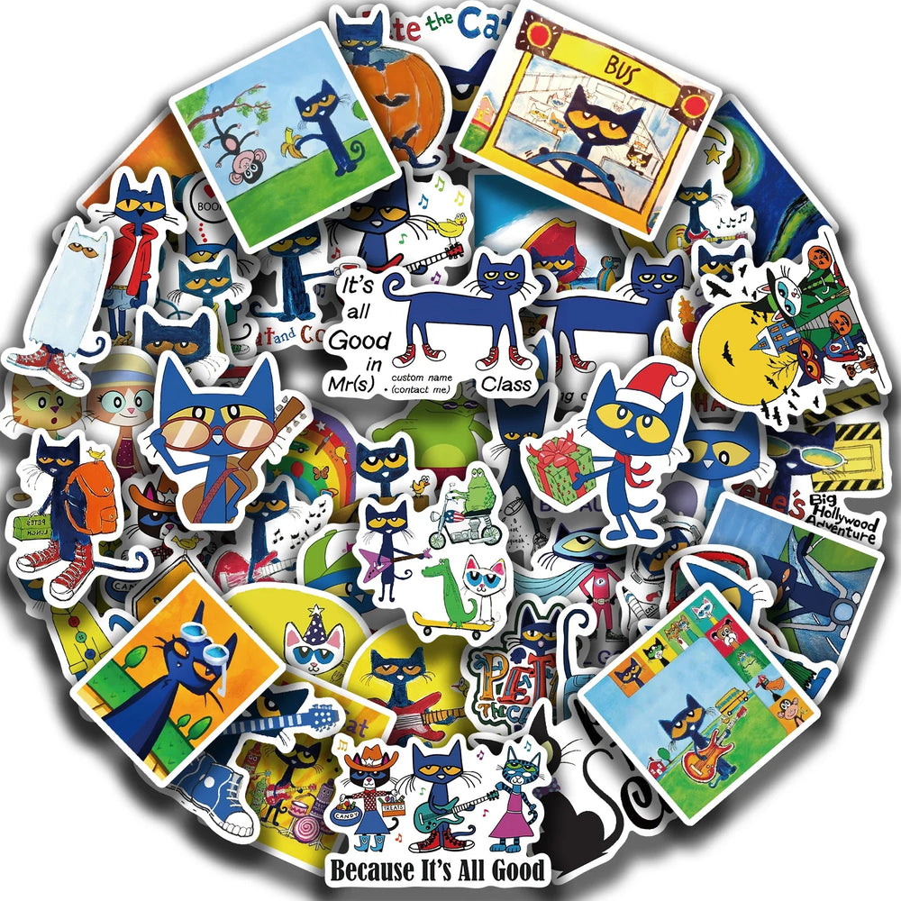 50PCS Kawaii Cute Pete The Cat Sticker Funny Cartoon Stickers For Decorative Scrapbook DIY Child Phone Stationery Supply for Kid (ONLINE ORDER ONLY)