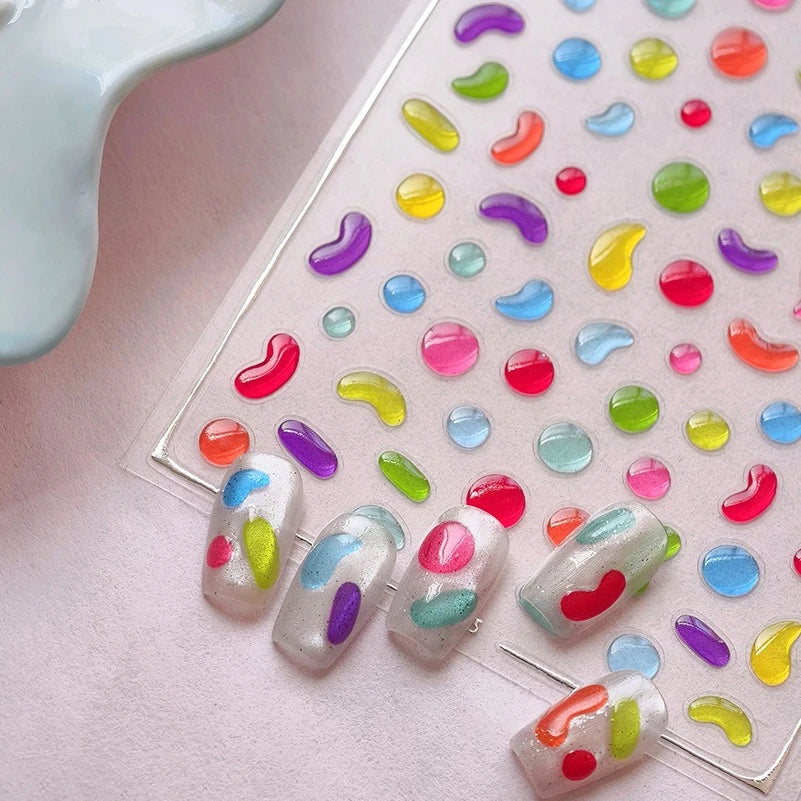 Colourful Graffiti Round Dot Line Water Droplet Cute Comma Geometric Jelly 5D Self Adhesive Nail Art Stickers Manicure Decals (Online Order Only)