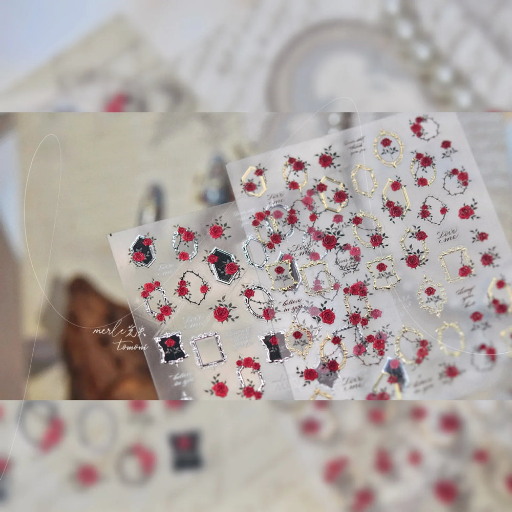 Metal Effect Rose Flower Pattern Totem Photo Frame Self Adhesive Nail Art Sticker Romantic Chic Wreath Rhinestone Manicure Decal (Online Order Only)