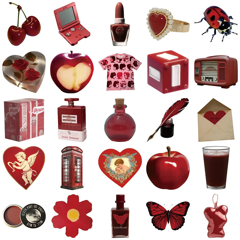 10/30/50PCS Cartoon Red Stickers Cute Ins Style Aesthetic Decals Gift Decoration For DIY Fridge Phone Bike Motorcycle Guitar Toy (ONLINE ORDER ONLY)