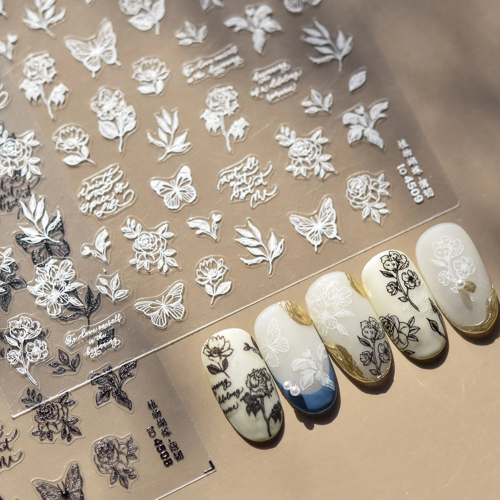 Flower Bowknot Butterfly Plant Leaf English Letter Rose Hand Drawn Embossed Relief Self Adhesive Nail Art Sticker Manicure Decal (ONLINE ORDER ONLY)