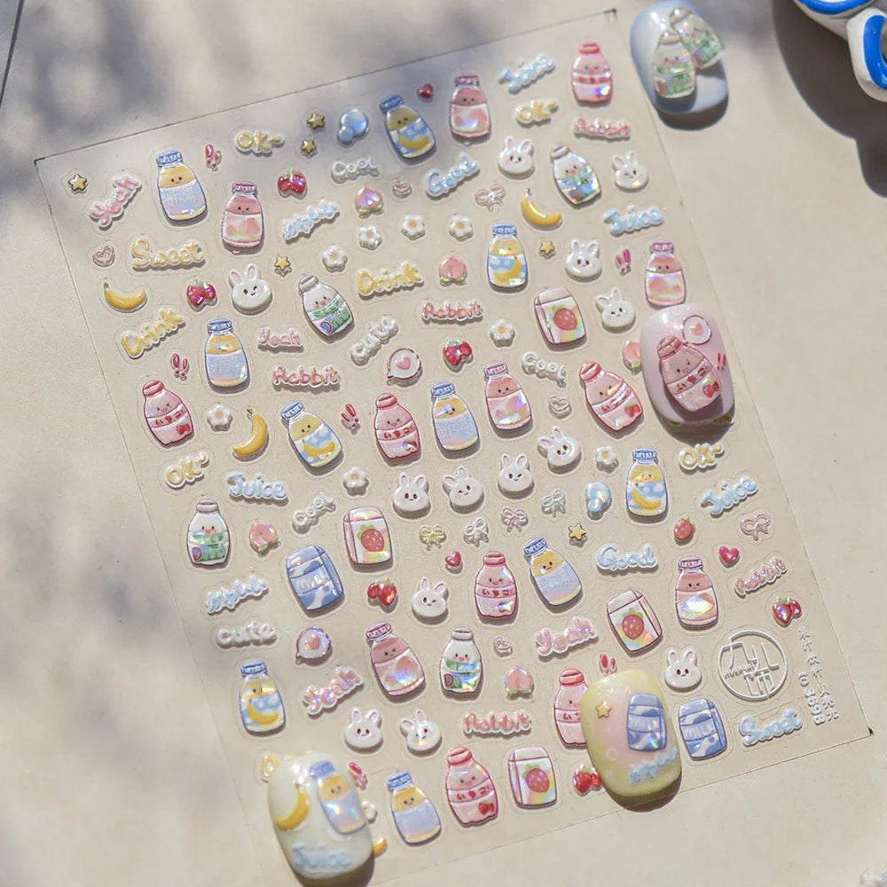 Cute Bowknot Rabbit Fruit Juice Beverage Drink Strawberry Peach Banana Adhesive Nail Art Decoration Stickers Manicure Decals (ONLINE ORDER ONLY)