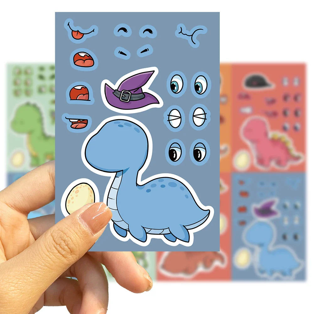8/16Sheets Cute Dinosaur Puzzle Stickers Make-a-Face Games Toy Create Your Own DIY Funny Cartonn Assemble Jigsaw Children Gift (ONLINE ORDER ONLY)