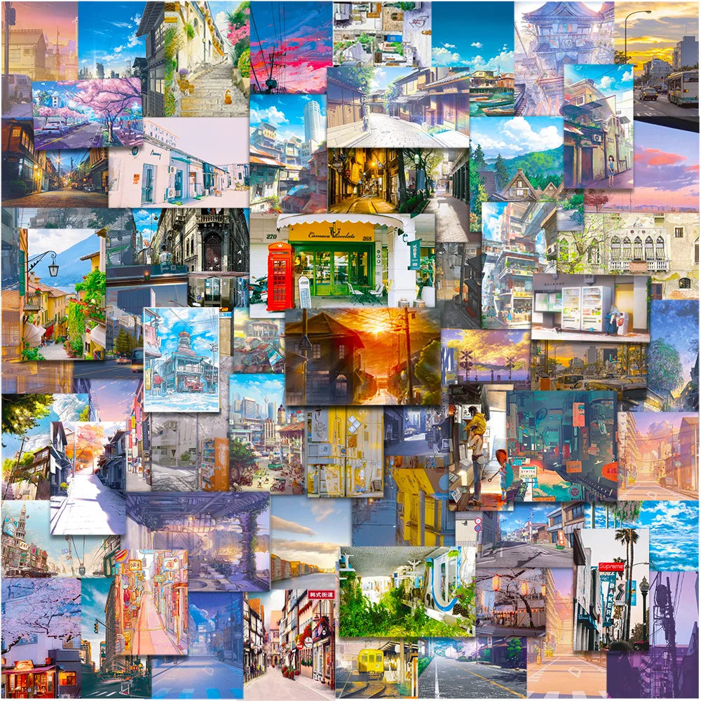 10/30/50PCS Cartoon View Street Landscape Stickers Aesthetic PVC Waterproof Decals Luggage Guitar Skateboard Sticker Decals Toys (ONLINE ORDER ONLY)