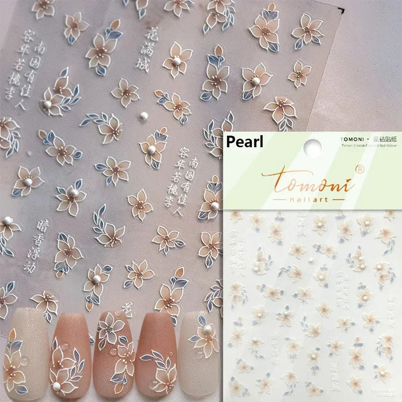 Gradient Coloredful Flower Petal Green Leaf Dreamy Shiny Chinese Rose Fantasy Relief Adhesive Nail Art Stickers Manicure Decals (Online Order Only)