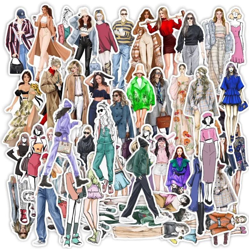 10/30/50pcs Fashion Hand-painted Girl Sticker DIY Scrapbooking Journal Collage Album Characters Clothing Decoration Stickers (Online Order Only)