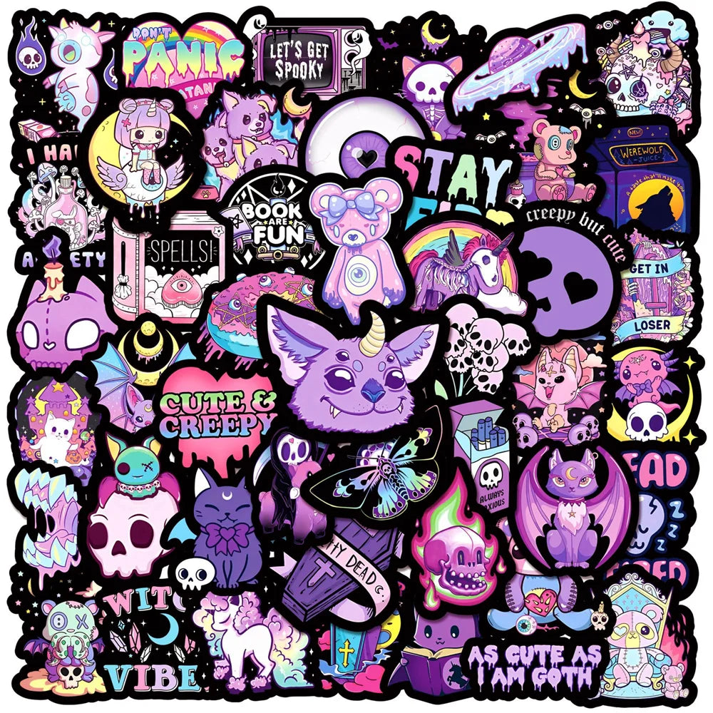 10/30/50pcs Cute Purple Gothic Horror Stickers Halloween Skull Cartoon Decals for Notebook Laptop Fridge Guitar Sticker Toy (Online Order Only)