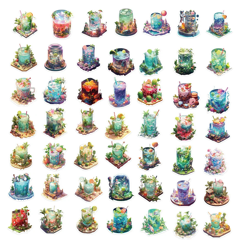 10/30/50pcs INS Style Art Drink Aesthetic Stickers Cartoon Plant Decals Kids Toys DIY Laptop Phone Scrapbook Decoration Sticker (ONLINE ORDER ONLY)
