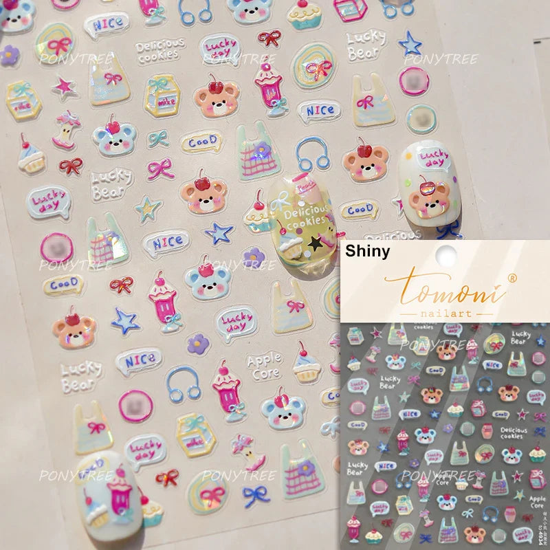 Cute Lucky Bear Apple Core Star Bowknot Flower Delicious Cookies Cherry Cake Dessert Milk Vase Adhesive Nail Art Stickers Decals (ONLINE ORDER ONLY)
