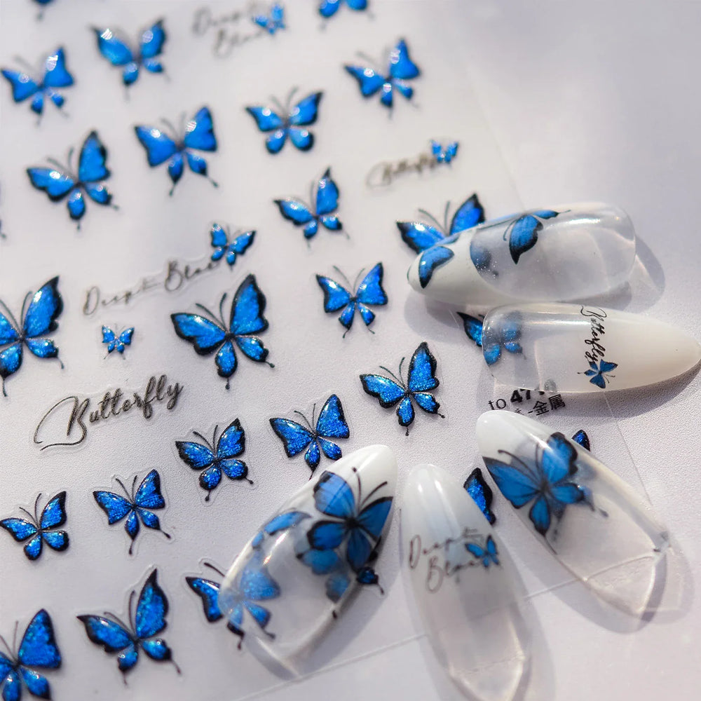 Charming Delicate Sapphire Color Blue Black Stroke Butterfly Jelly Relief Rhinestone Adhesive Nail Art Stickers Manicure Decals (Online Order Only)