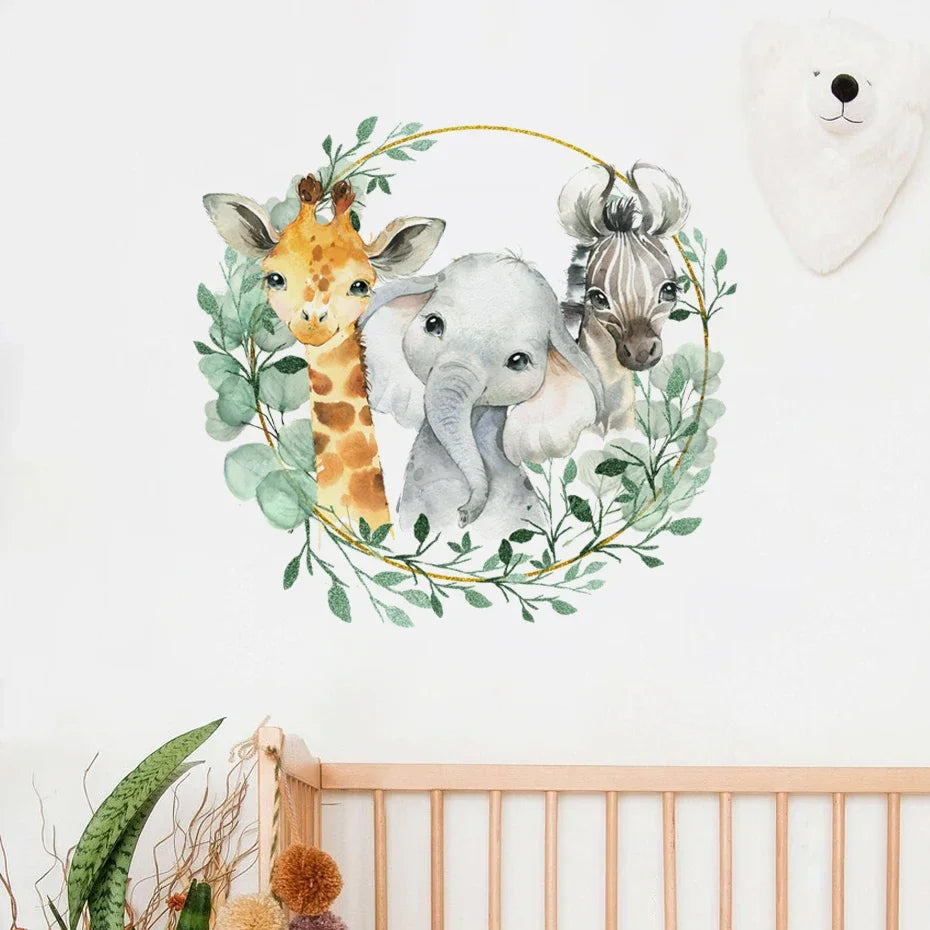 Elephant Giraffe Tropical Leaves Wall Stickers Nursery Decals Kids Room Decor (Online Order Only)