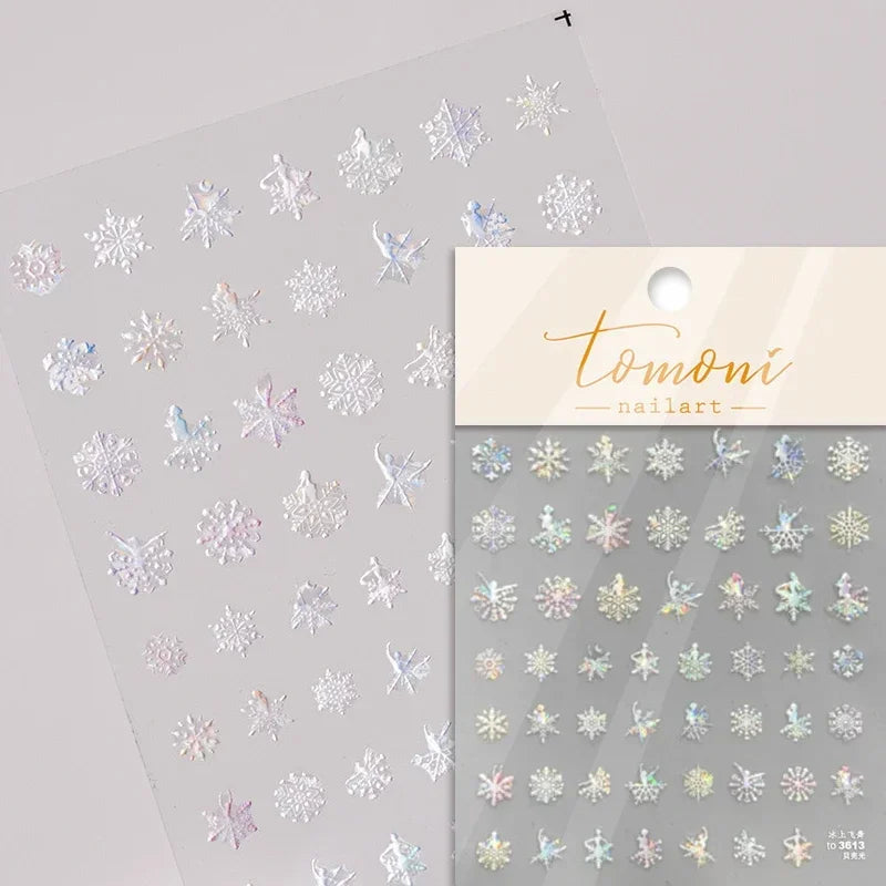 Shiny White Pink Blue Gold Snowflakes Hexagon Water Bubbles Winter 5D Self Adhesive Nail Art Stickers Rhinestone Manicure Decals (ONLINE ORDER ONLY)