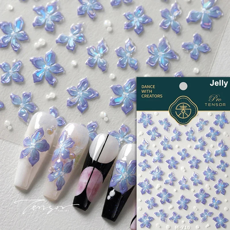 Charming Dreamy Shiny Jelly Blue Gradient Lily Flowers Rose Petal White Dot Chinese Colorful Nail Art Stickers Manicure Decals (ONLINE ORDER ONLY)
