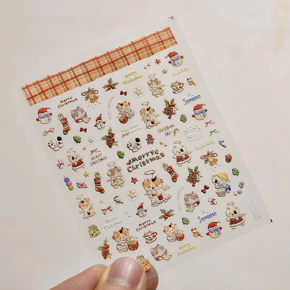 Cat Kitten Star Tree Bell Angel Bowknot Snowman Envelope Pinecone Bone Adhesive Nail Art Stickers Cup Rhinestone Manicure Decals (ONLINE ORDER ONLY)
