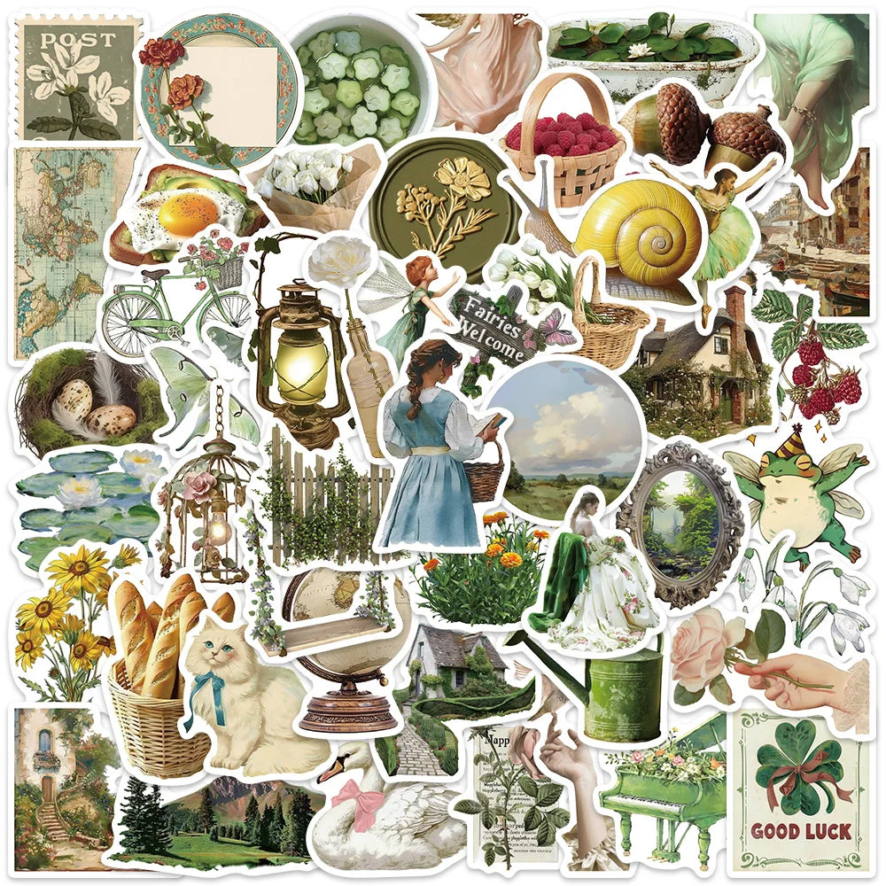 50pcs Ins Style Retro Pastoral Aesthetic Green Art Stickers For Luggage Laptop Guitar Phone Waterproof Vinyl Bicycle Decals (Online Order Only)