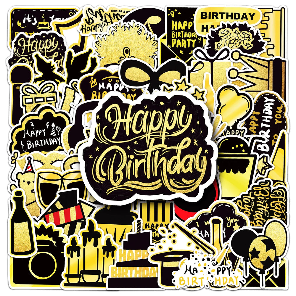 50Pcs Birthday Black Gold Series Cartoon Cute Waterproof Sticker Skateboarding Snowboard Retro Vinyl home decal Sticker (ONLINE ORDER ONLY)