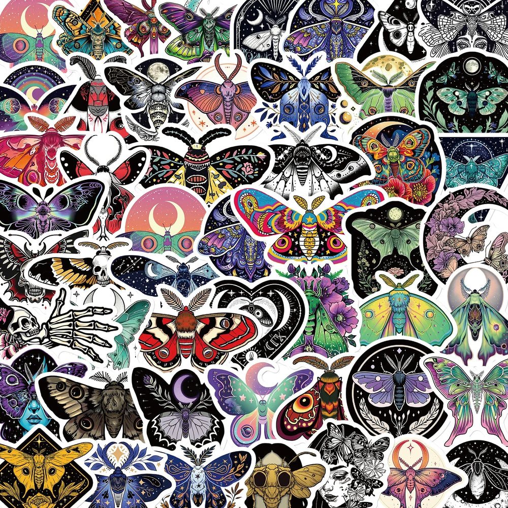 50PCS Moon And Moth Stickers PVC Cartoon Cute Decals Toy Stationery Guitar Phone Aesthetic Decorations Refrigerator Supplies (Online Order Only)
