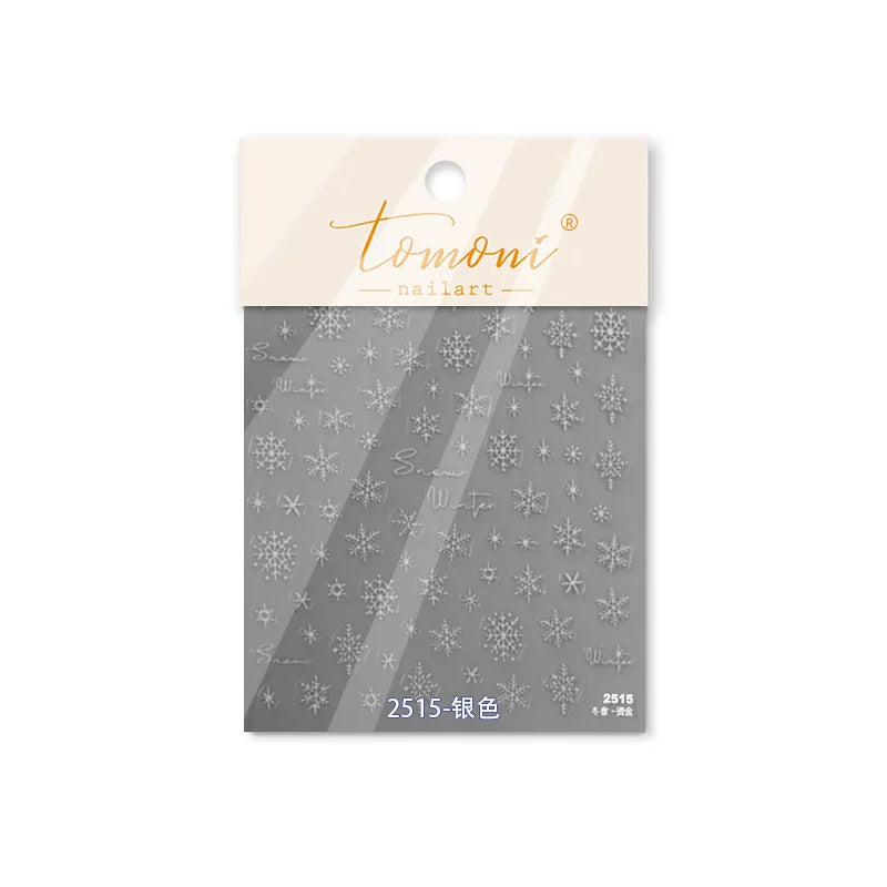 Hot Stamping Romantic White Gold Snowflakes Hexagon Winter 3D Self Adhesive Nail Art Stickers Shiny Rhinestone Manicure Decals (Online Order Only)
